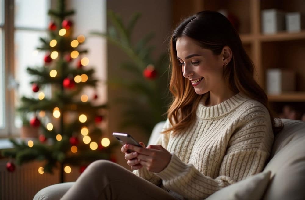 Woman smiling while using her phone near a Christmas tree, focusing on holiday sobriety and connection